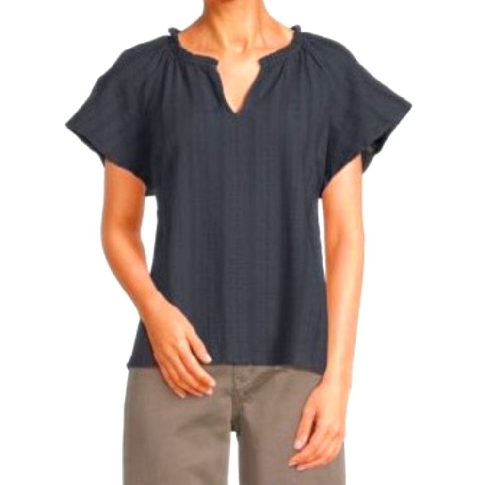 Marine Layer Lana 100% Cotton Navy Textured Splitneck Top Short Sleeve Sz Small